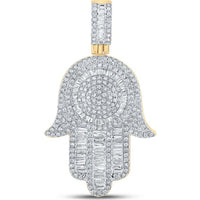 GND 10K Yellow Gold Hamsa Pendant with Baguette and Round Diamonds - 1.00 Carat Total Diamond Weight