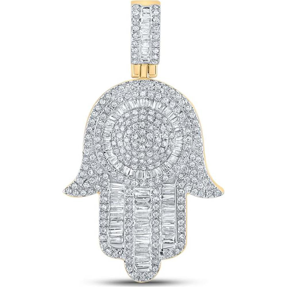 GND 10K Yellow Gold Hamsa Pendant with Baguette and Round Diamonds - 1.00 Carat Total Diamond Weight