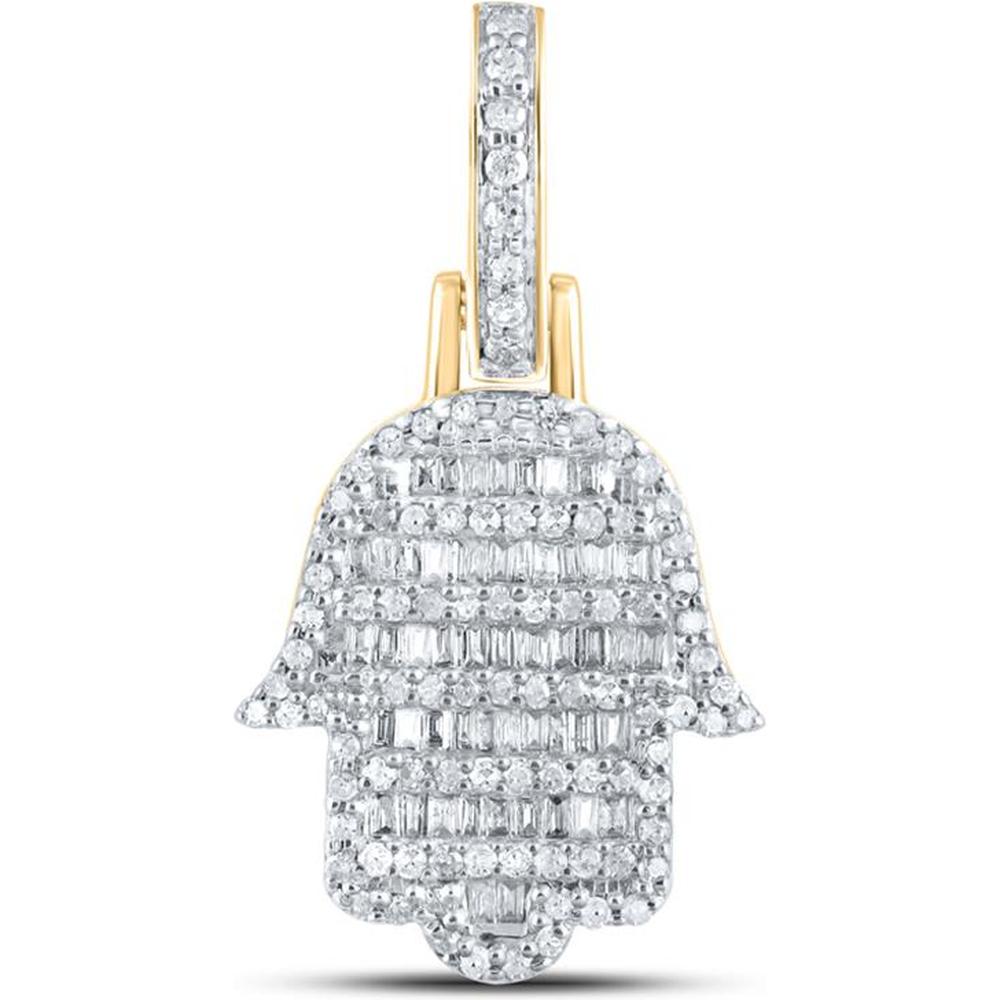 GND 10K Yellow Gold Hamsa Pendant with Channel-Set Baguette and Pave-Set Round Diamonds - 0.52 Carat Total Diamond Weight