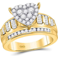 GND 10K Yellow Gold Heart Cluster Engagement Ring with Pave-Set Round and Channel-Set Baguette Diamonds - 1.0 Carat Total Diamond Weight