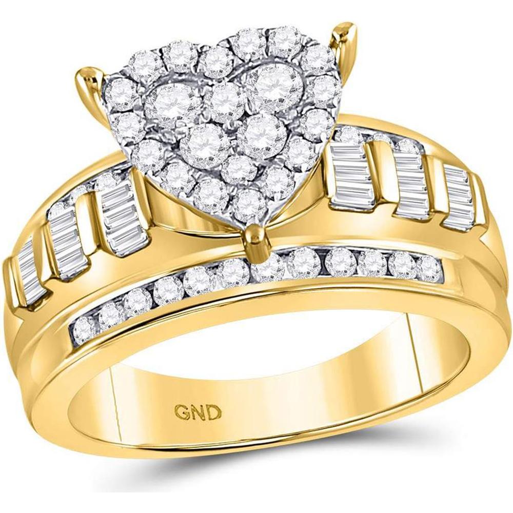 GND 10K Yellow Gold Heart Cluster Engagement Ring with Pave-Set Round and Channel-Set Baguette Diamonds - 1.0 Carat Total Diamond Weight