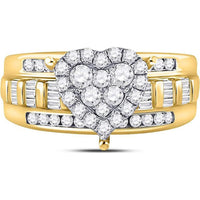 GND 10K Yellow Gold Heart Cluster Engagement Ring with Pave-Set Round and Channel-Set Baguette Diamonds - 1.0 Carat Total Diamond Weight