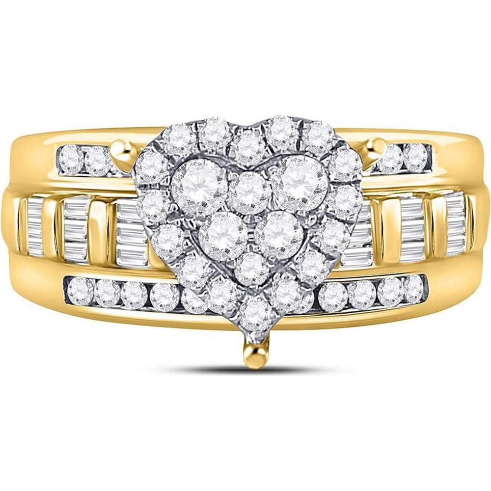 GND 10K Yellow Gold Heart Cluster Engagement Ring with Pave-Set Round and Channel-Set Baguette Diamonds - 1.0 Carat Total Diamond Weight