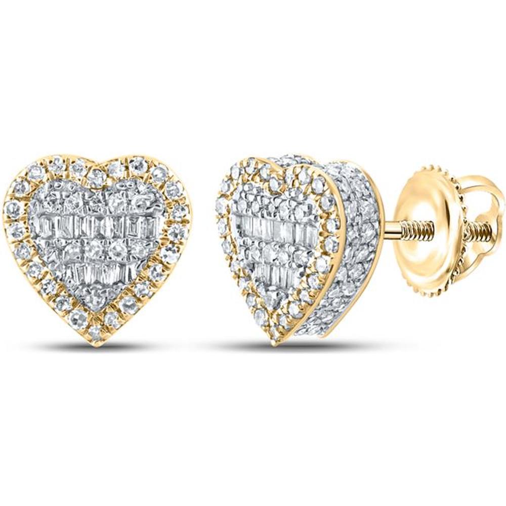 GND 10K Yellow Gold Heart Earrings with Channel-Set Baguette and Pave-Set Round Diamonds - 1/2 Carat Total Diamond Weight