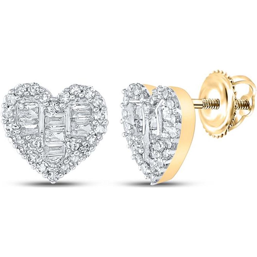 GND 10K Yellow Gold Heart Earrings with Channel-Set Baguette Diamonds and Prong-Set Round Diamonds - 3/8 Total Carat Weight