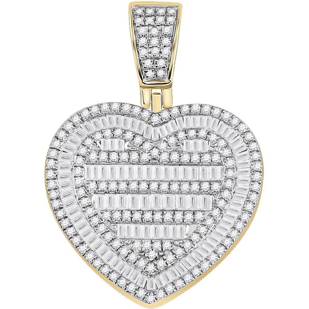 GND 10K Yellow Gold Heart Pendant with Baguette and Round Diamonds - 1.33 Carat Total Diamond Weight