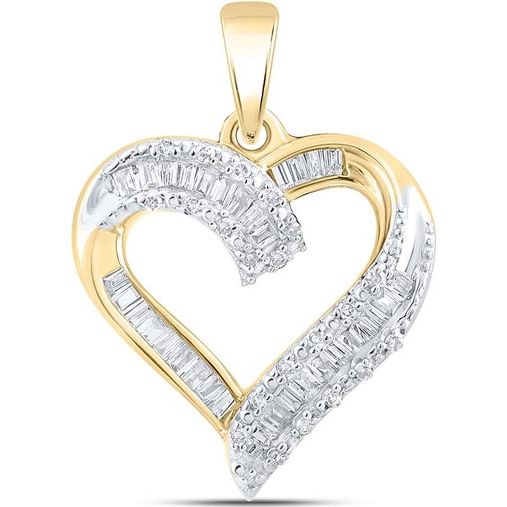 GND 10K Yellow Gold Heart Pendant with Channel-Set Baguette and Prong-Set Round Diamonds - 1/4 Carat Total Weight