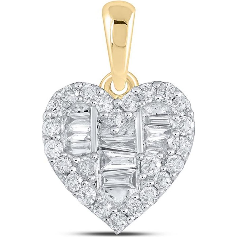 GND 10K Yellow Gold Heart Pendant with Channel-Set Baguette and Prong-Set Round Diamonds - 3/8 Total Carat Weight