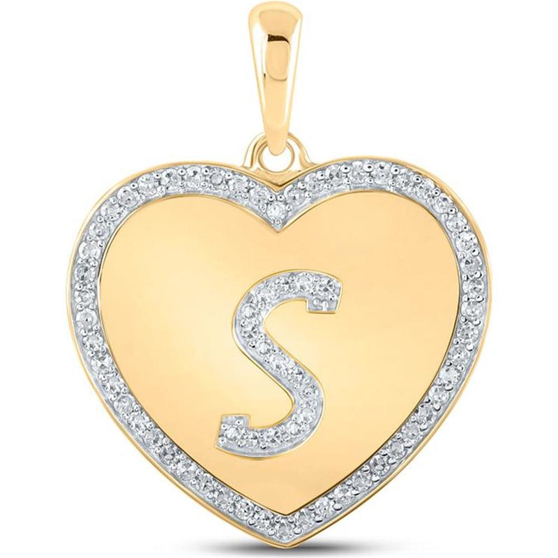 GND 10K Yellow Gold Heart Pendant with Pavé-Set Round Diamonds and Personalized Letter S - 0.25 Carat Total Diamond Weight