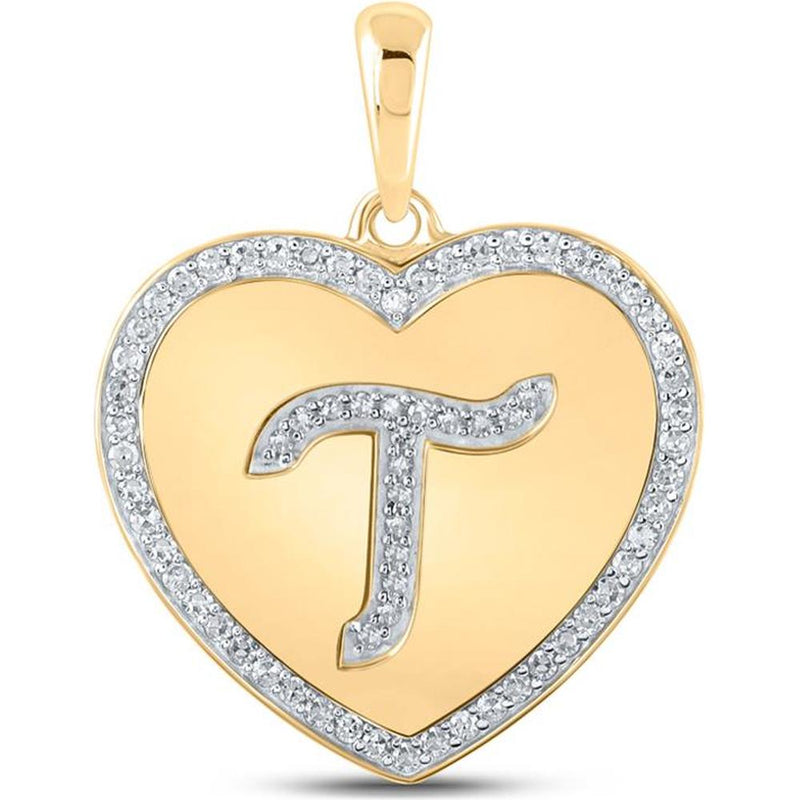 GND 10K Yellow Gold Heart Pendant with Pave-Set Round Diamonds and Personalized T Initial - 0.27 Carat Total Diamond Weight