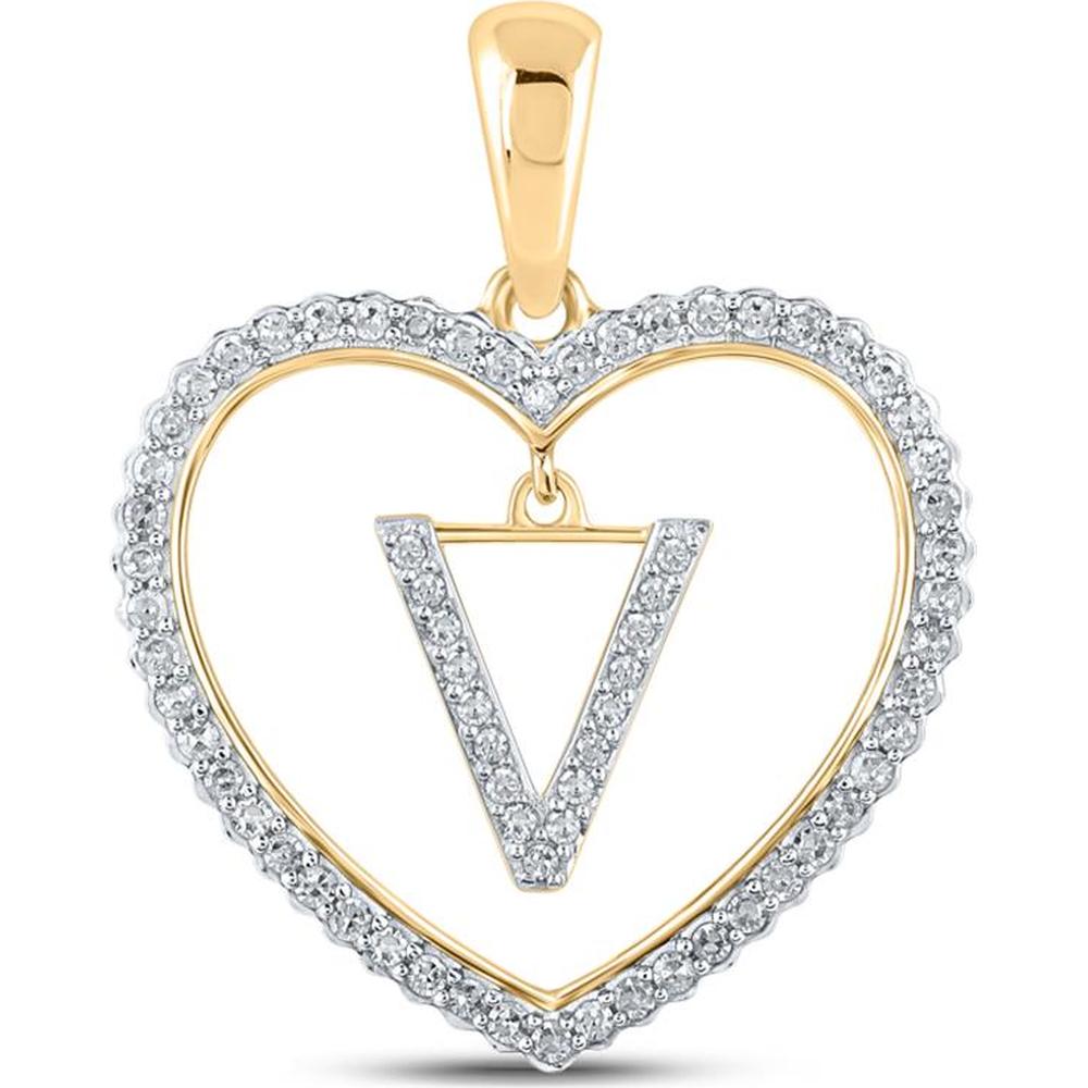 GND 10K Yellow Gold Heart Pendant with Prong-Set Round Diamonds and V Letter Accent - 1/4 Total Carat Weight