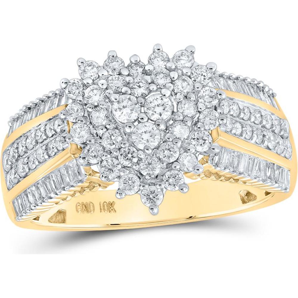 GND 10K Yellow Gold Heart Ring with Round and Baguette Diamonds - 1.00 Carat Total Diamond Weight