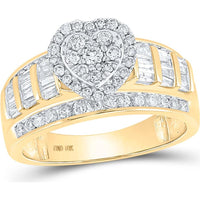 GND 10K Yellow Gold Heart-Shaped Bridal Engagement Ring with Round and Baguette Diamonds - 1.00 Carat Total Diamond Weight