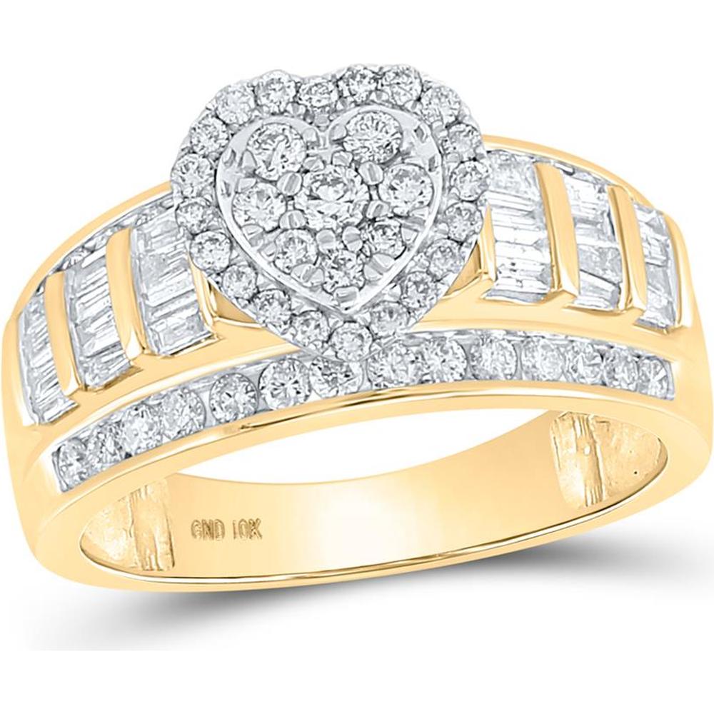GND 10K Yellow Gold Heart-Shaped Bridal Engagement Ring with Round and Baguette Diamonds - 1.00 Carat Total Diamond Weight