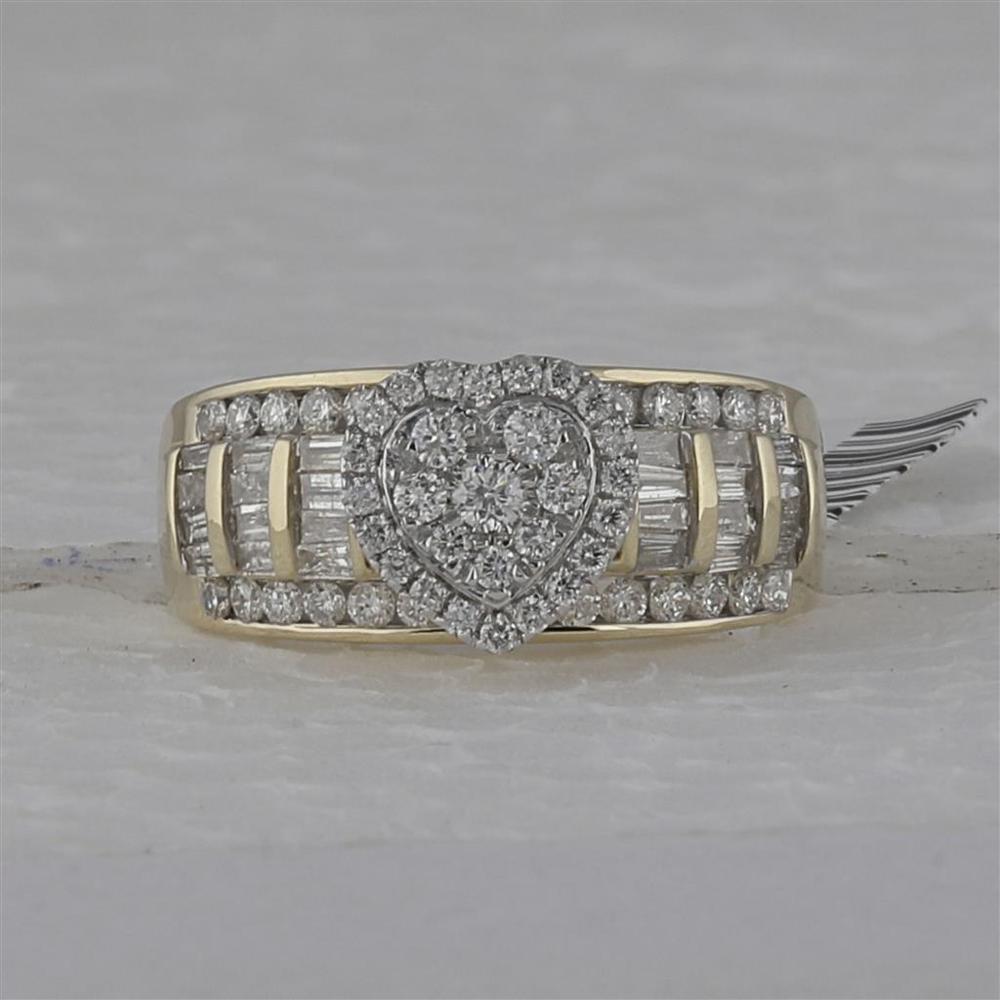 GND 10K Yellow Gold Heart-Shaped Bridal Engagement Ring with Round and Baguette Diamonds - 1.00 Carat Total Diamond Weight