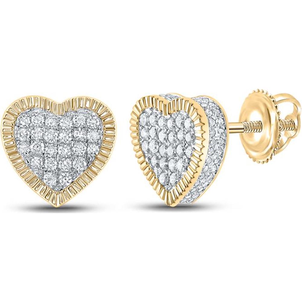 GND 10K Yellow Gold Heart-Shaped Diamond Cluster Stud Earrings with Fluted Border - 7/8 Total Carat Weight