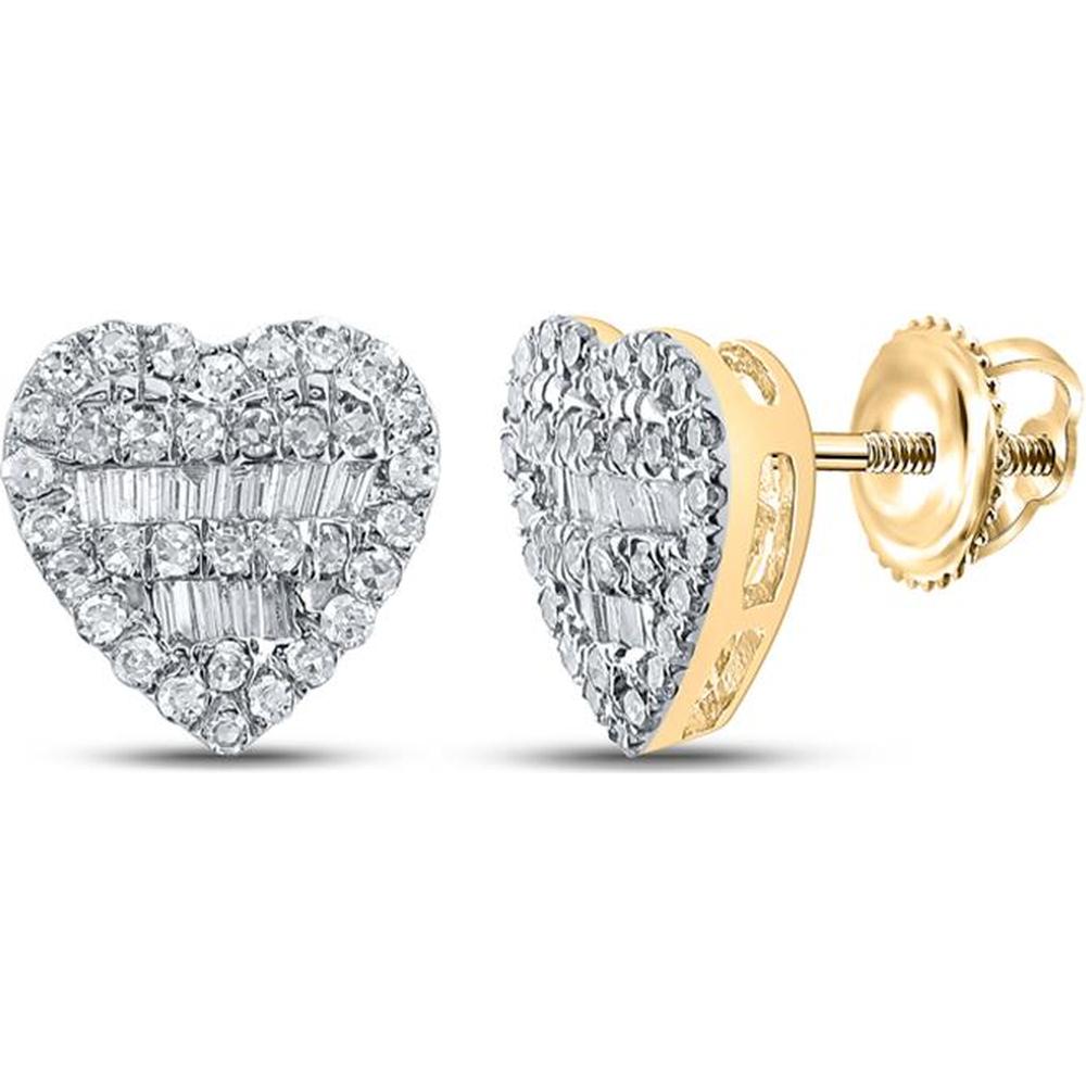 GND 10K Yellow Gold Heart-Shaped Earrings with Baguette and Round Diamonds - 0.39 Carat Total Diamond Weight