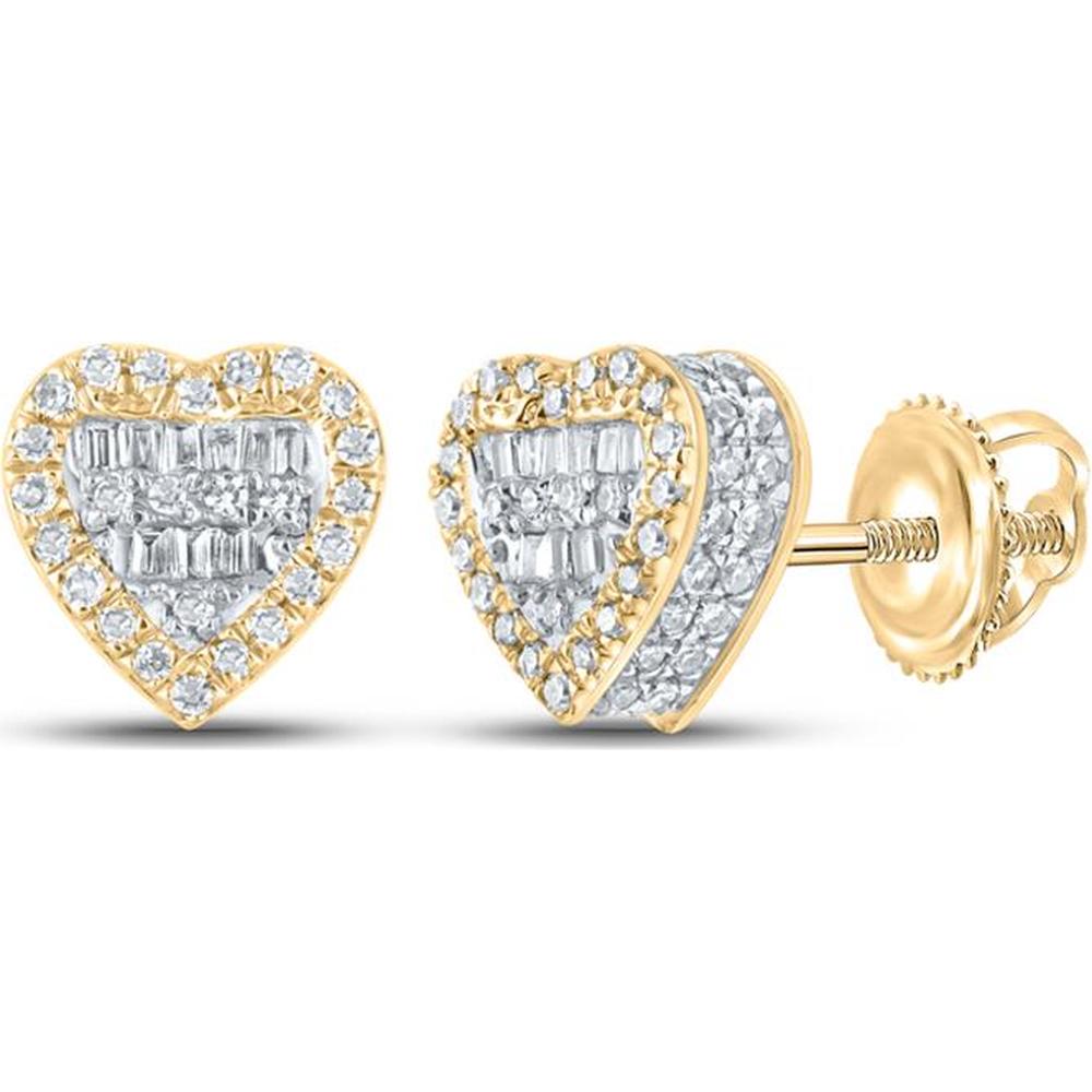 GND 10K Yellow Gold Heart Stud Earrings with Channel-Set Baguette and Pave-Set Round Diamonds - 0.42 Carat Total Diamond Weight