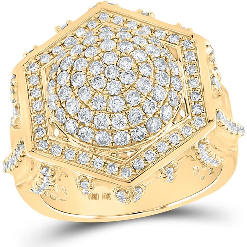 GND 10K Yellow Gold Hexagon Cluster Ring with Pave-Set Round Diamonds - 2.40 Carat Total Diamond Weight