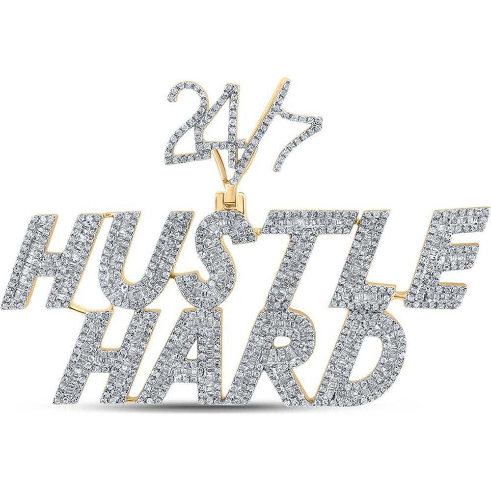 GND 10K Yellow Gold Hustle Hard 24/7 Pendant with Channel-Set Baguette and Round Diamonds - 2 5/8 Carat Total Carat Weight