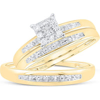 GND 10K Yellow Gold Illusion-Set Round Diamond Solitaire Matching Wedding Ring Set - 1/10 Carat Total Diamond Weight