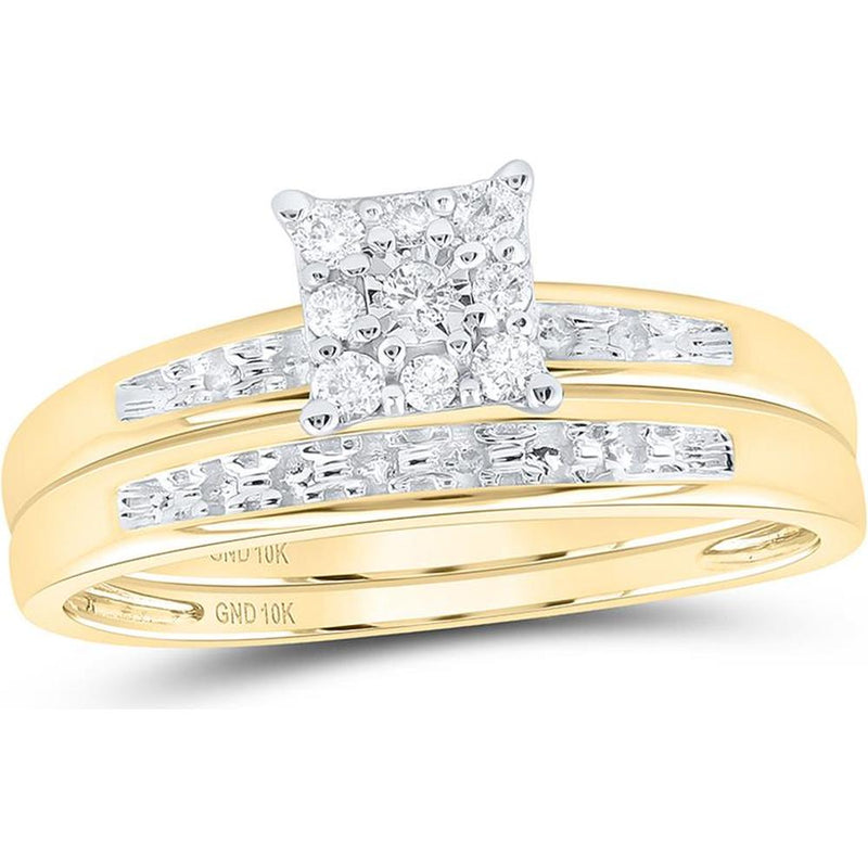 GND 10K Yellow Gold Illusion-Set Round Diamond Solitaire Matching Wedding Ring Set - 1/10 Carat Total Diamond Weight