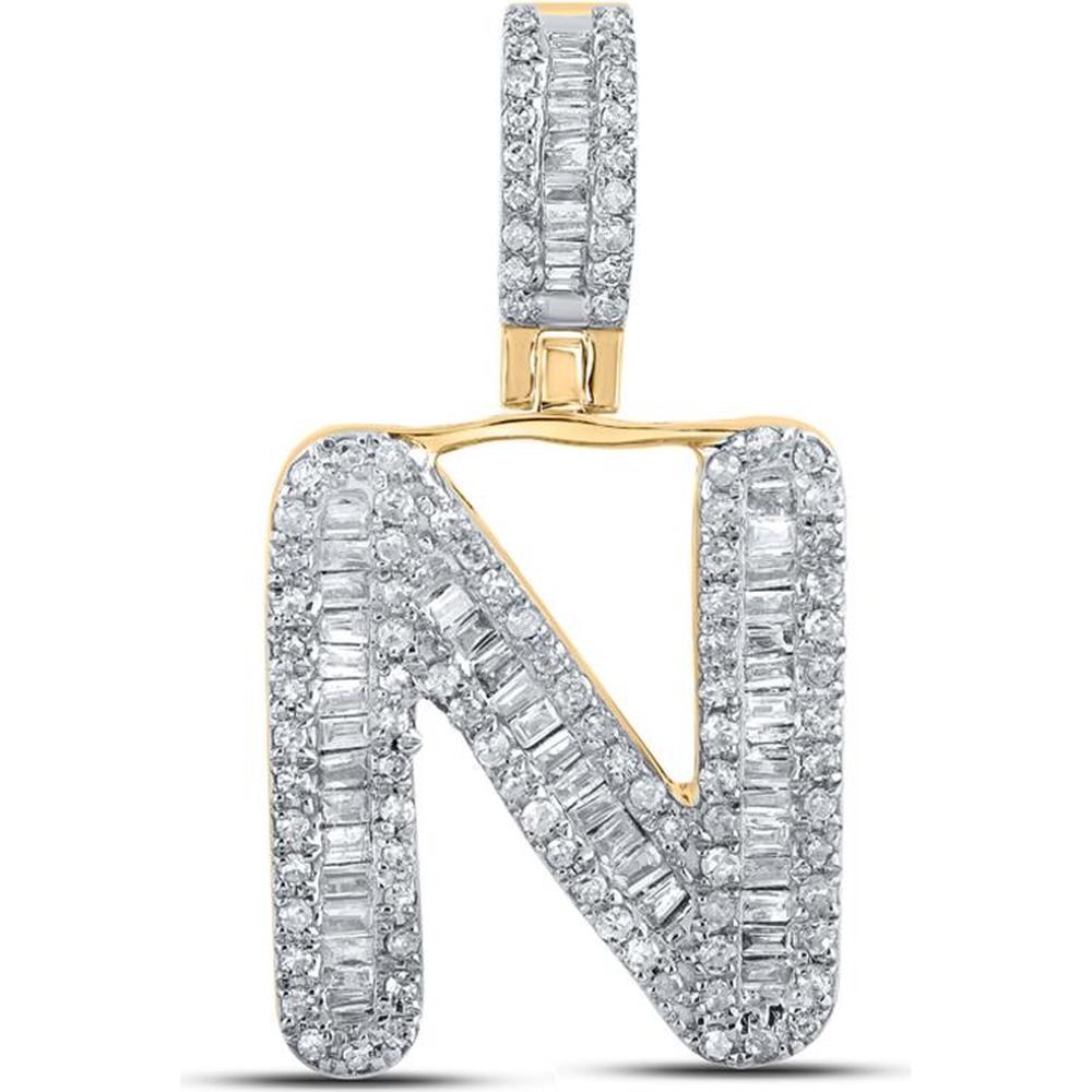 GND 10K Yellow Gold Initial "N" Pendant with Channel-Set Baguette and Pavé Diamonds - 1/2 Carat Total Diamond Weight