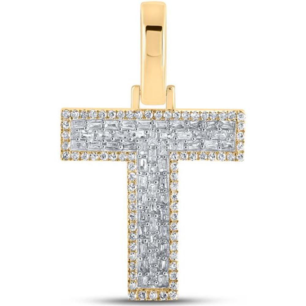 GND 10K Yellow Gold Initial T Pendant with Baguette and Round Diamonds - 0.38 Carat Total Diamond Weight