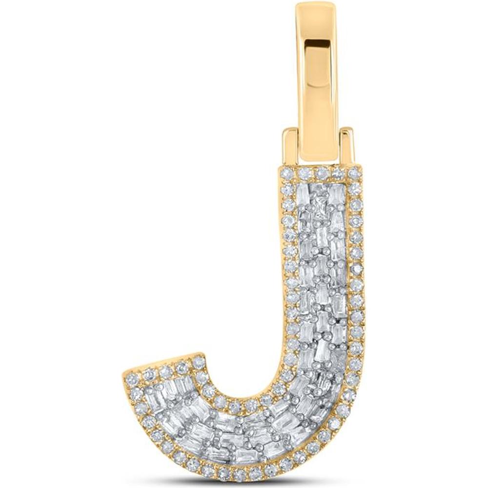 GND 10K Yellow Gold J Initial Charm Pendant with Baguette and Round Diamonds - 1/3 Carat Total Diamond Weight