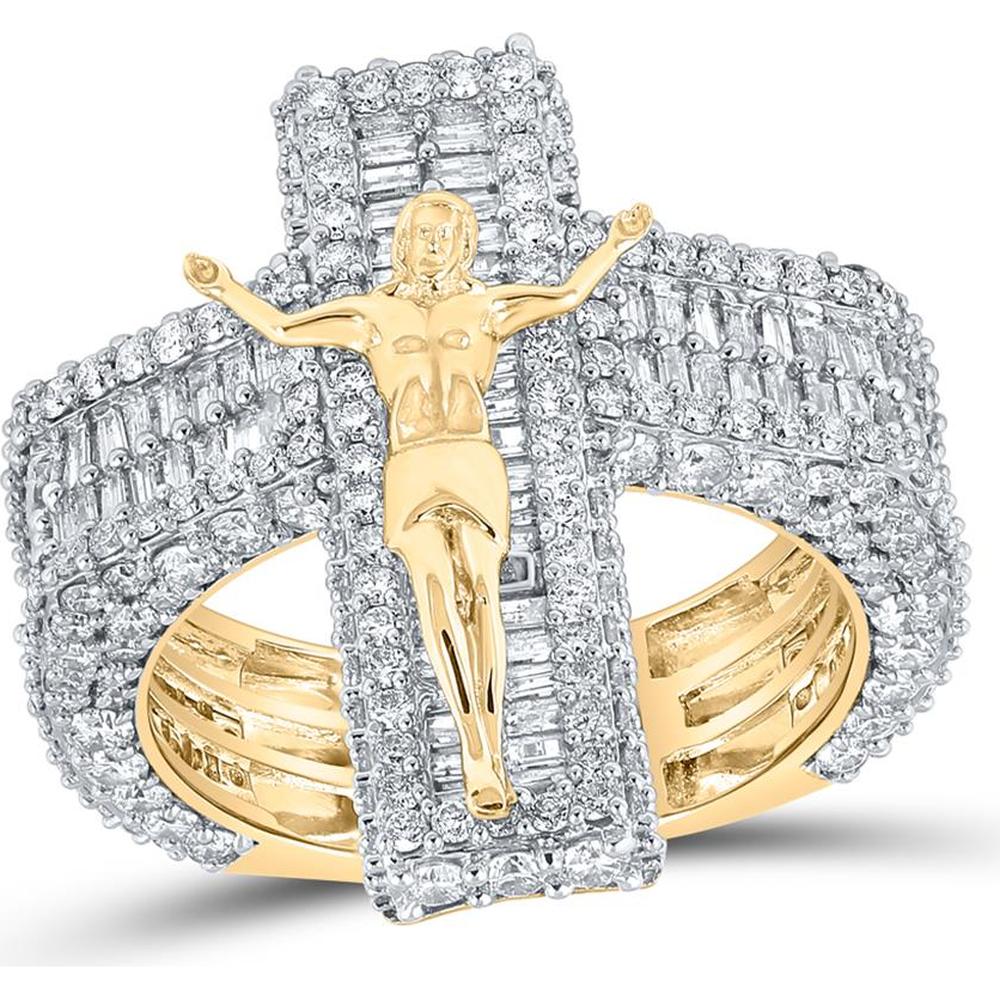 GND 10K Yellow Gold Jesus Cross Ring with Channel-Set Baguette and Round Diamonds – 4-1/2 Carat Total Gem Weight