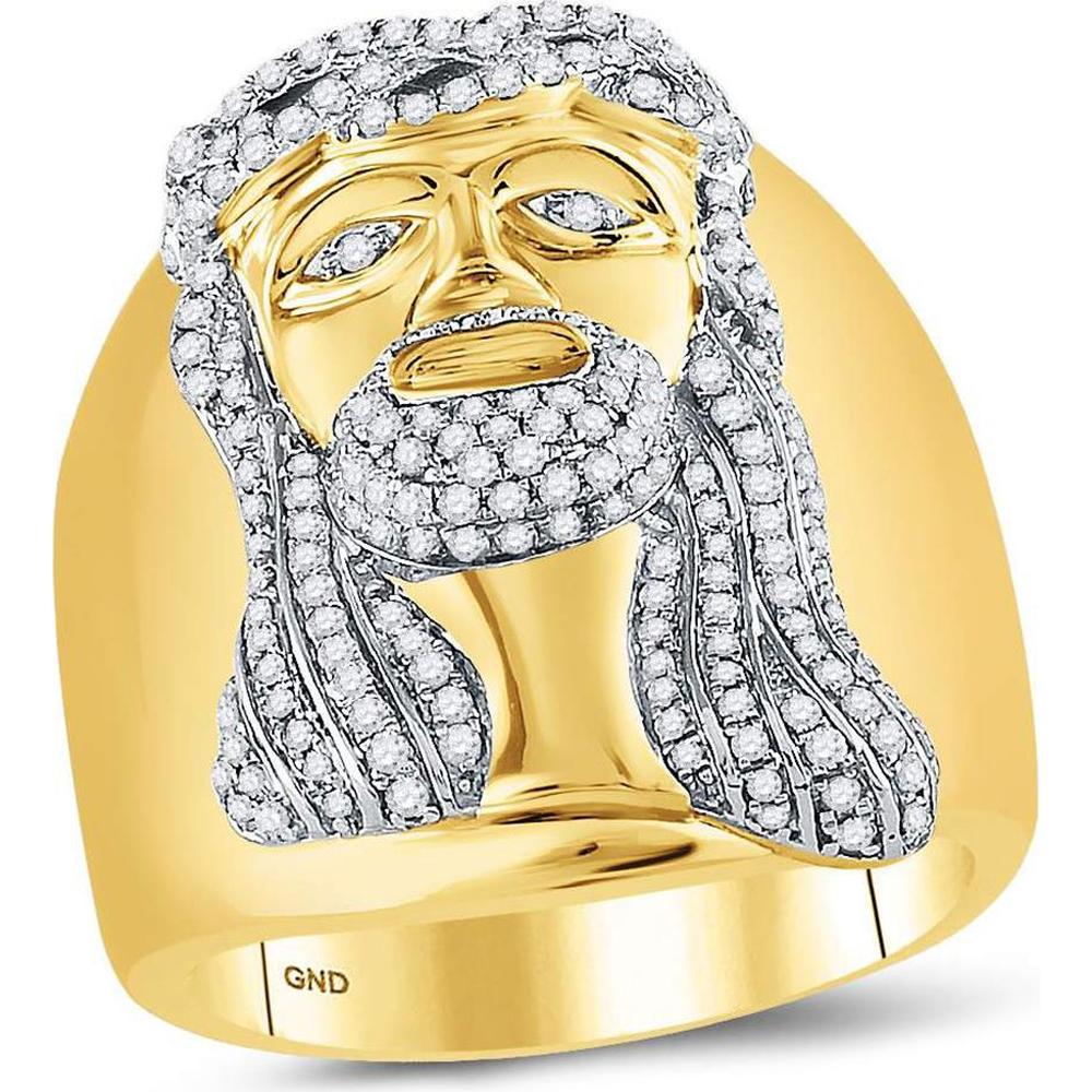 GND 10K Yellow Gold Jesus Face Cluster Ring with Pave Set Round Diamonds - 1 Carat Total Diamond Weight
