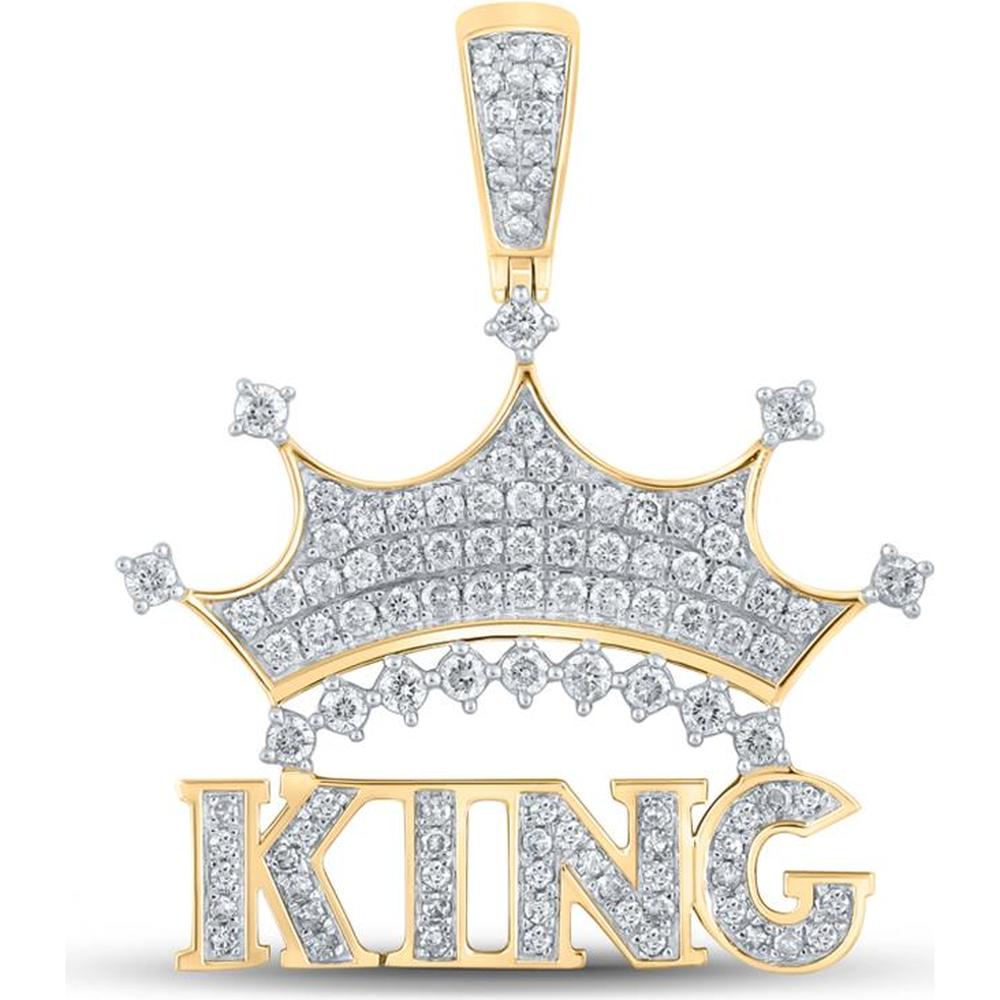 GND 10K Yellow Gold King Crown Phrase Pendant with Pavé and Prong Set Round Diamonds - 7/8 Carat Total Diamond Weight