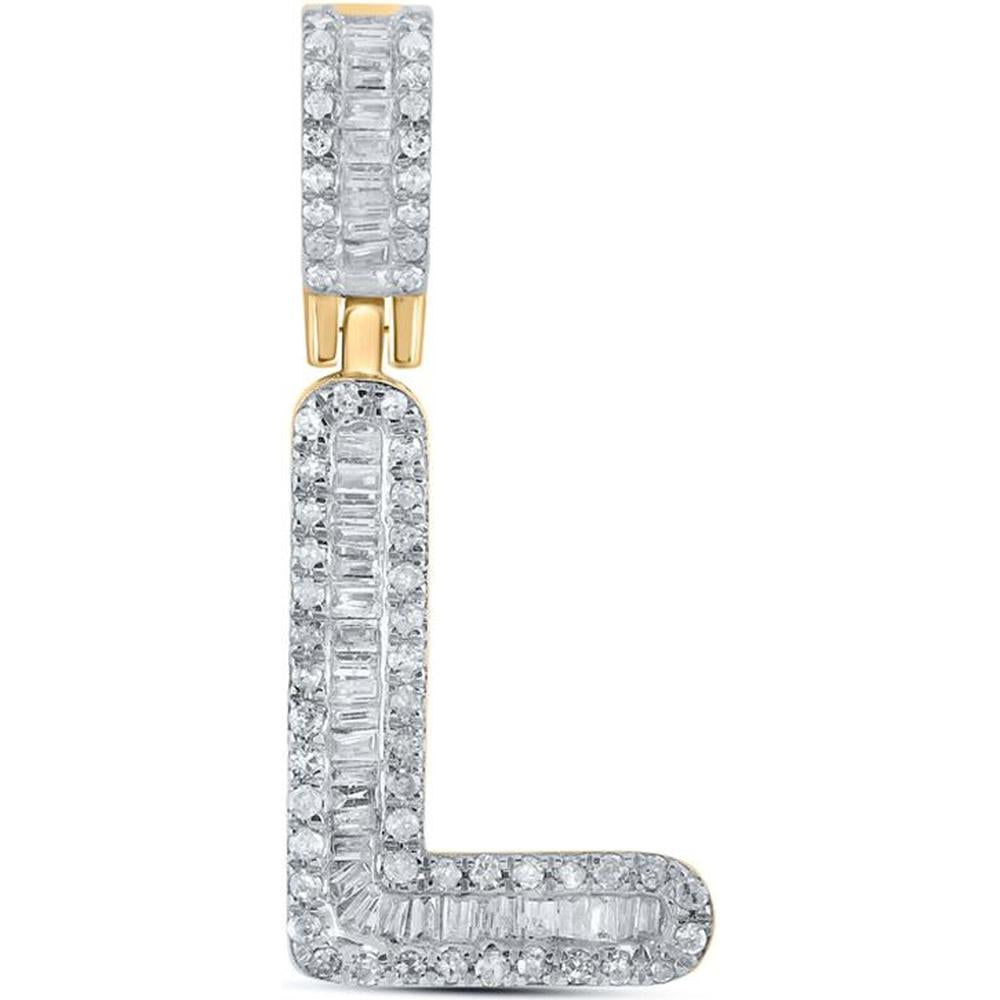 GND 10K Yellow Gold L Initial Letter Pendant with Channel-Set Baguette Diamonds and Pave-Set Round Diamonds - 1/3 Carat Total Diamond Weight