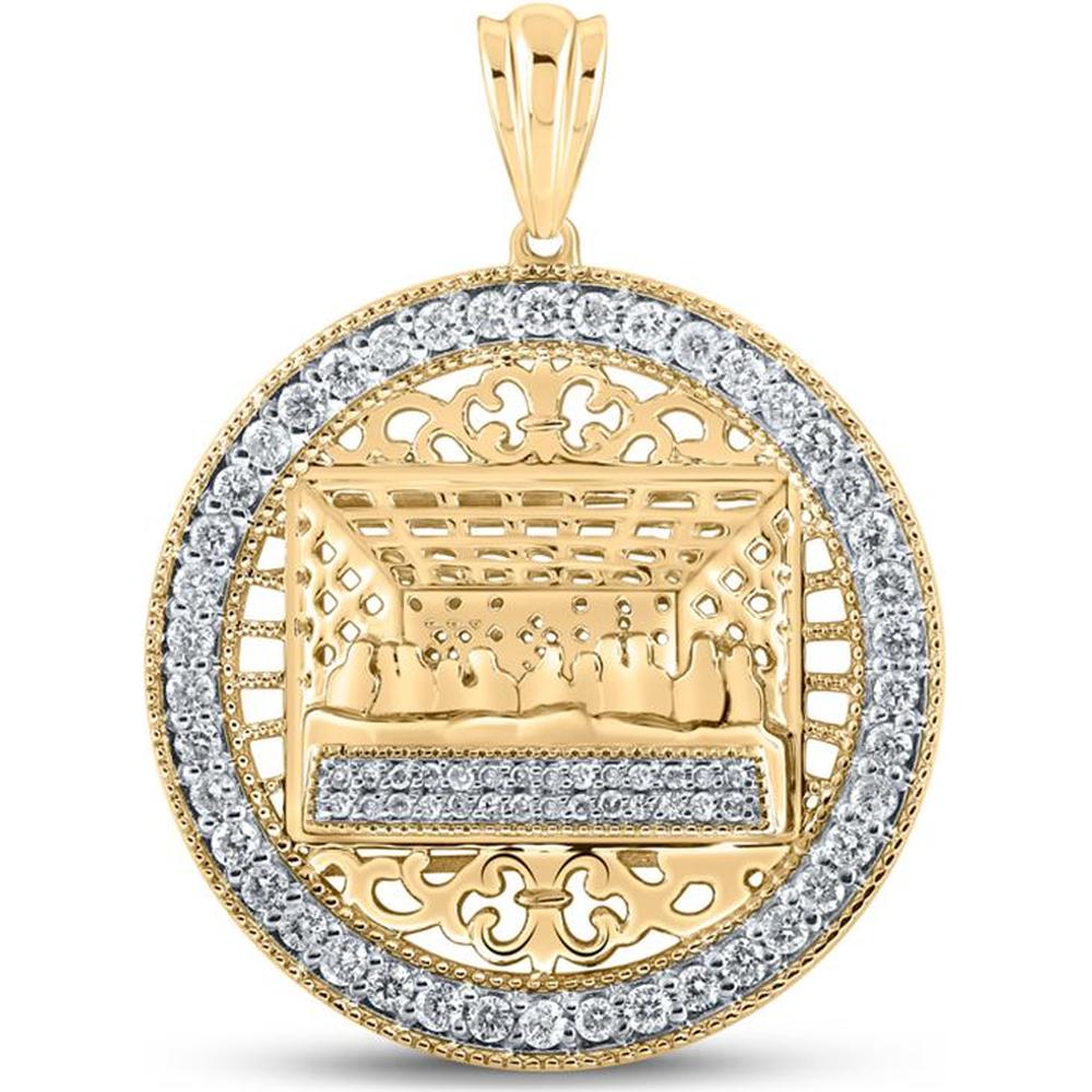 GND 10K Yellow Gold Last Supper Circle Charm Pendant with Prong-Set Round Diamonds - 0.70 Carat Total Diamond Weight