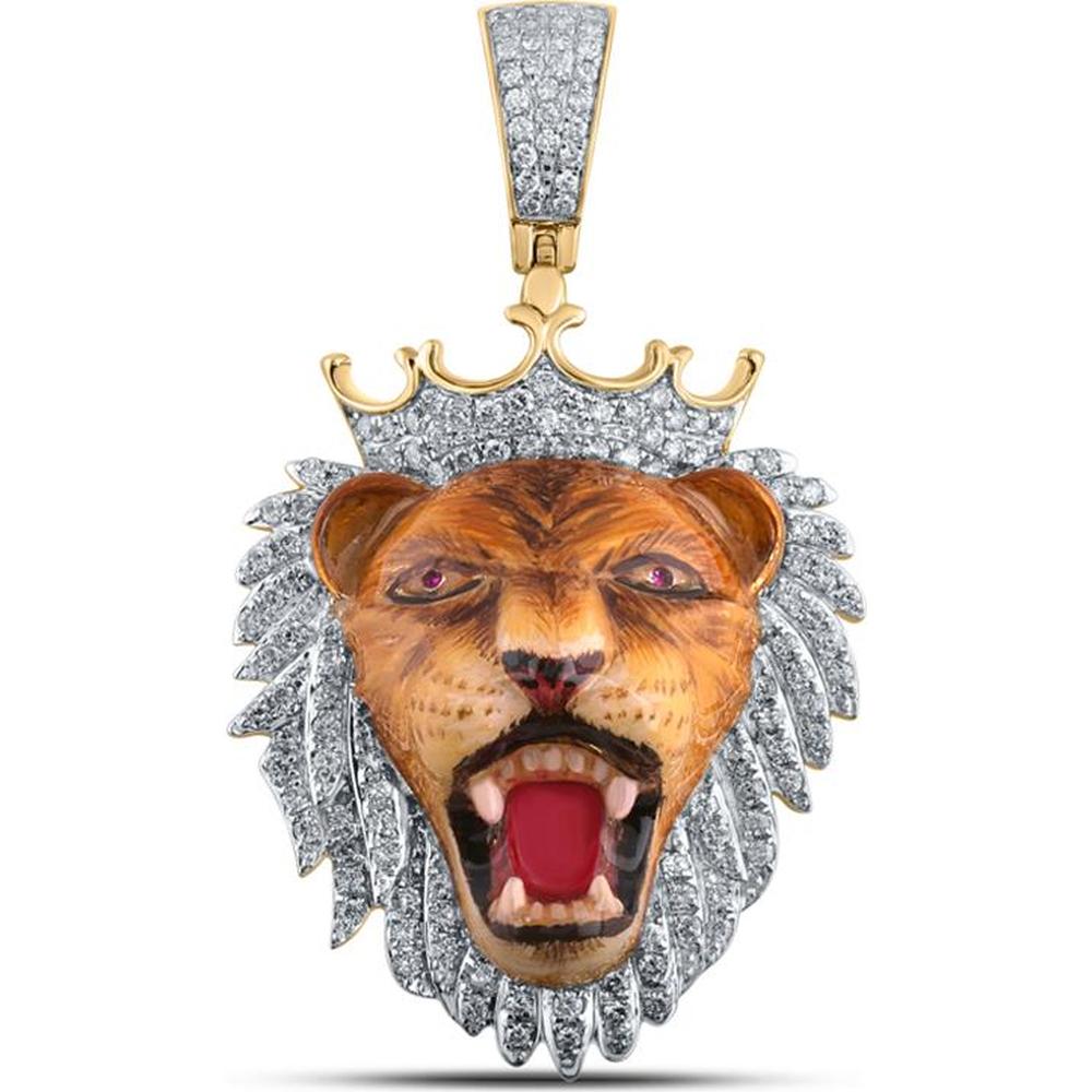 GND 10K Yellow Gold Lion Animal Charm Pendant with Pave-Set Round Diamonds and Natural Ruby Eyes – 1.88 Carat Total Diamond Weight, 0.02 Carat Ruby