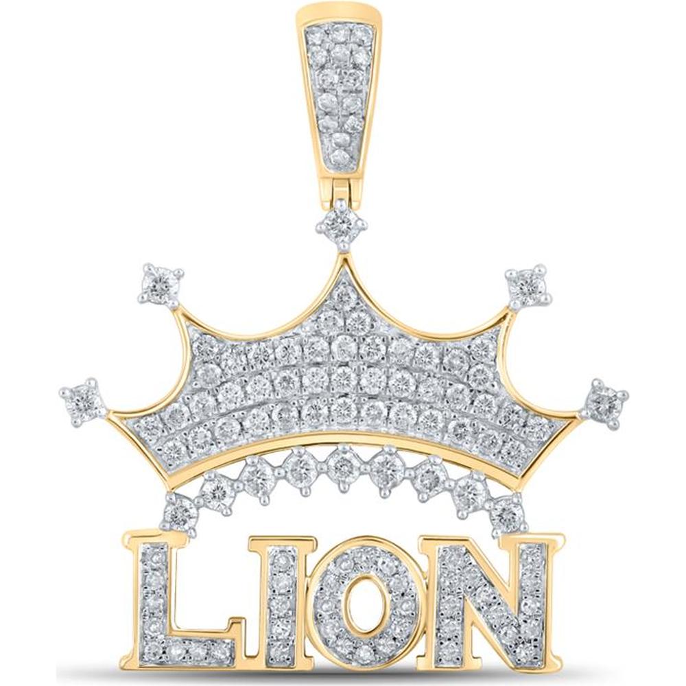 GND 10K Yellow Gold Lion Crown Pendant with Prong and Pave-Set Round Diamonds - 7/8 Total Carat Weight