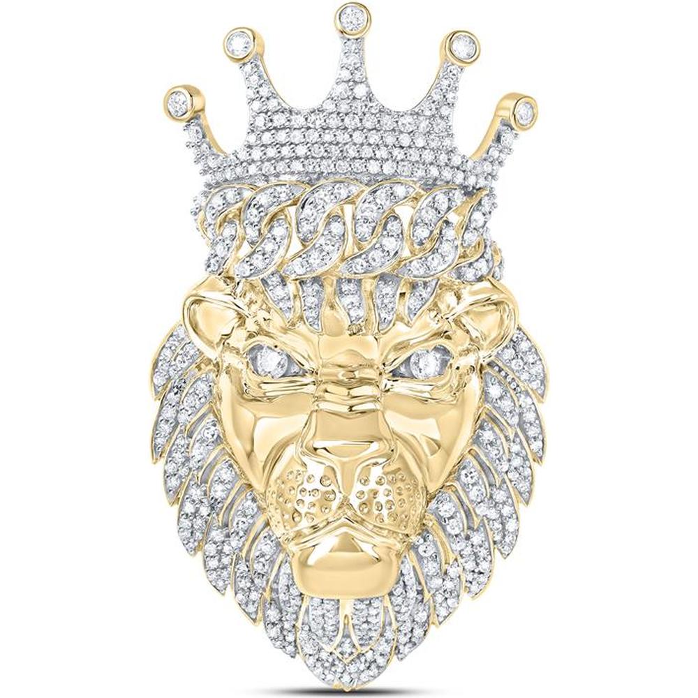 GND 10K Yellow Gold Lion Face Pendant with Crown Prong-Set Diamonds - 1.75 Carat Total Diamond Weight