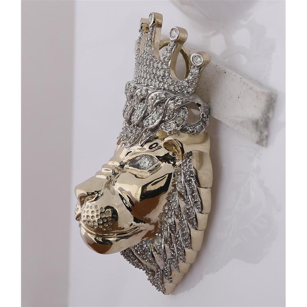 GND 10K Yellow Gold Lion Face Pendant with Crown Prong-Set Diamonds - 1.75 Carat Total Diamond Weight