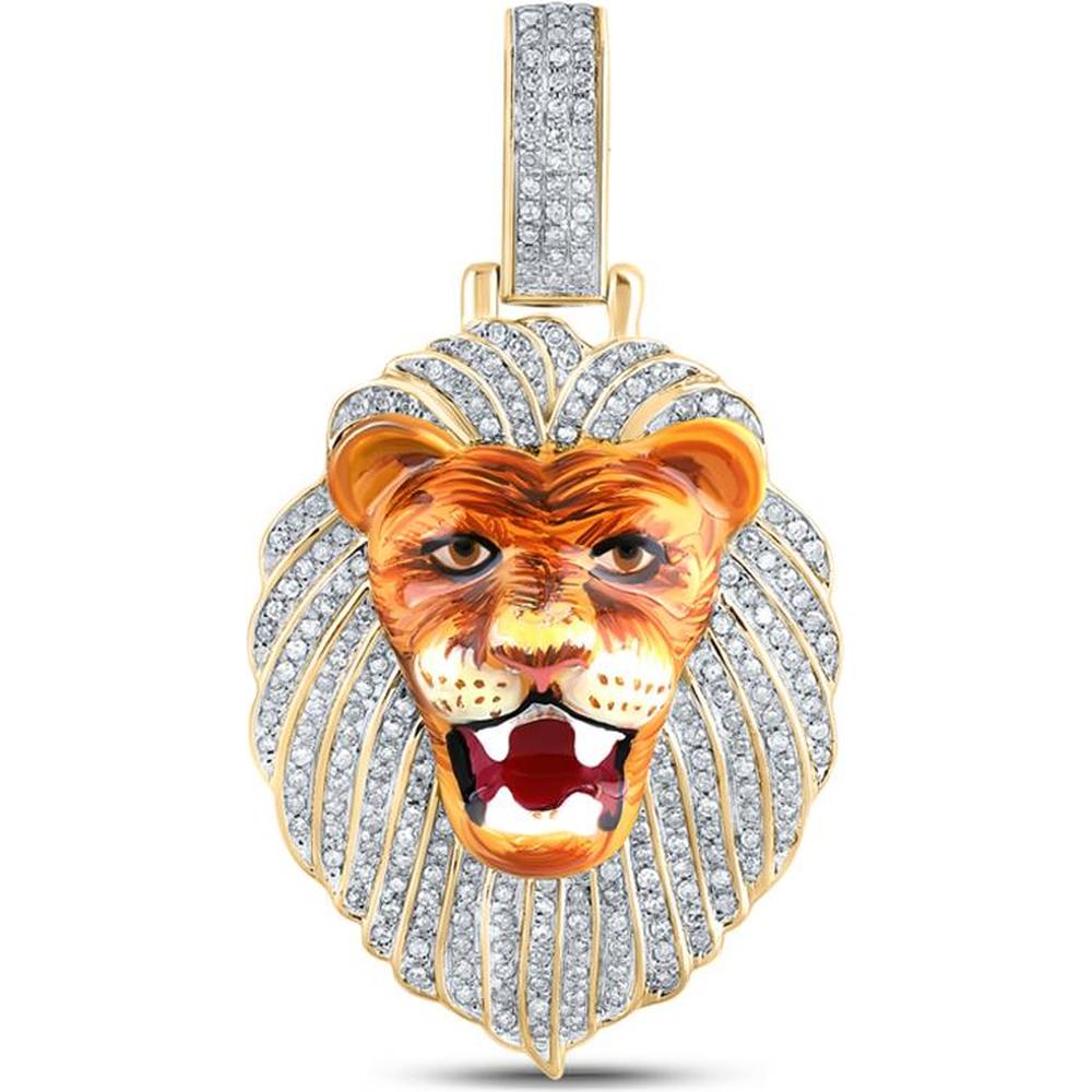 GND 10K Yellow Gold Lion Face Pendant with Pave-Set Round Diamonds - 0.65 Carat Total Diamond Weight