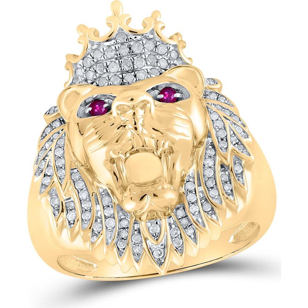 GND 10K Yellow Gold Lion Ring with Pavé-Set Round Diamonds and Ruby Eyes - 0.39 Carat Diamonds and 0.06 Carat Rubies
