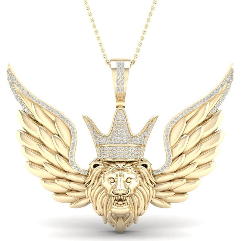 GND 10K Yellow Gold Lion Wing Crown Pendant with Prong-Set Round Diamonds - 0.55 Carat Total Diamond Weight