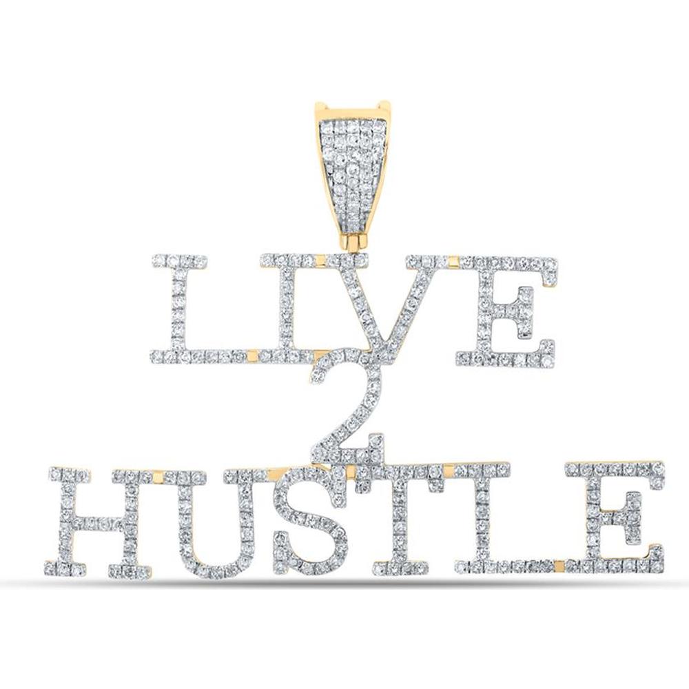 GND 10K Yellow Gold Live 2 Hustle Phrase Charm Pendant with Prong-Set Round Diamonds - 1.00 Carat Total Diamond Weight