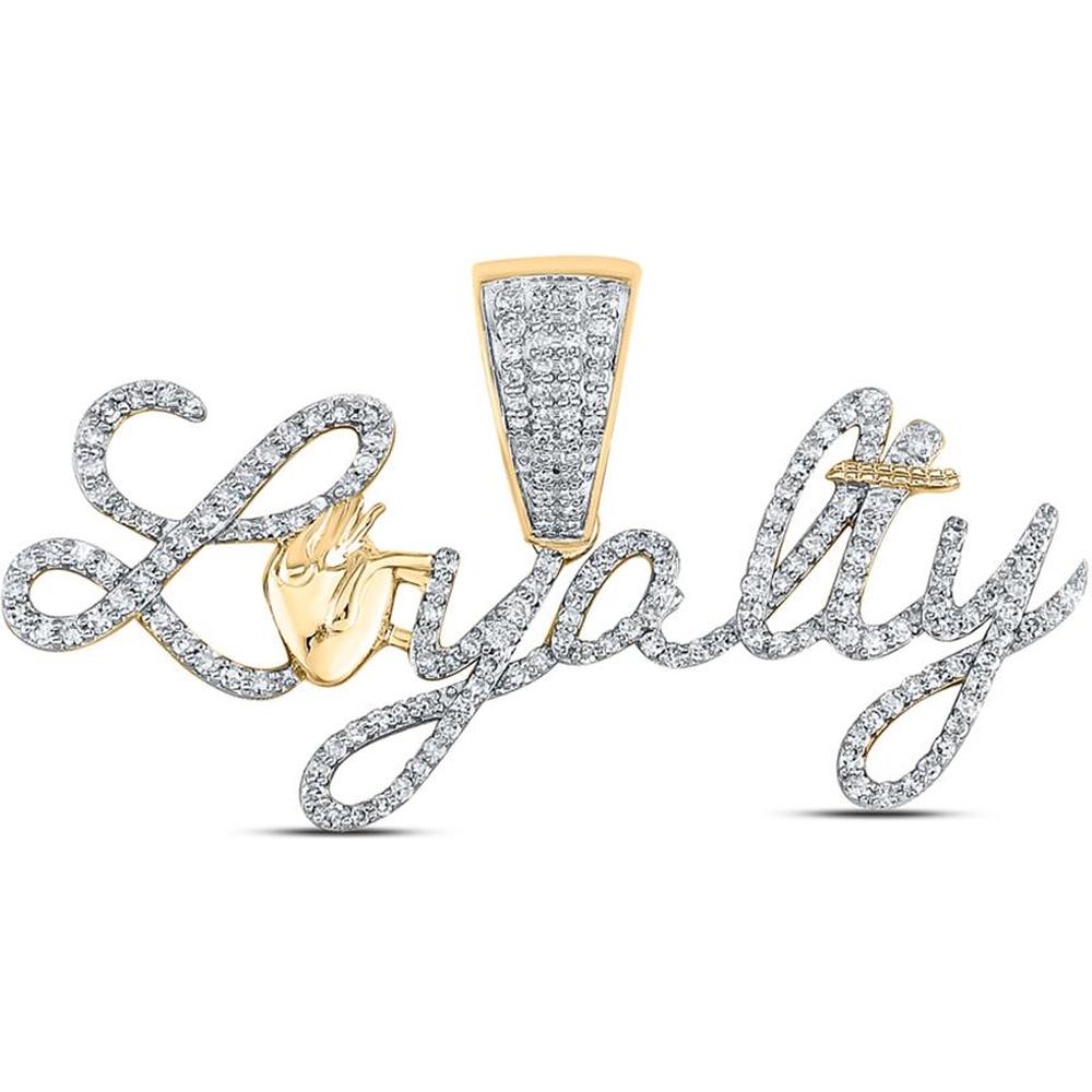 GND 10K Yellow Gold "Loyalty" Phrase Charm Pendant with Pave-Set Round Diamonds - 1.05 Carat Total Diamond Weight