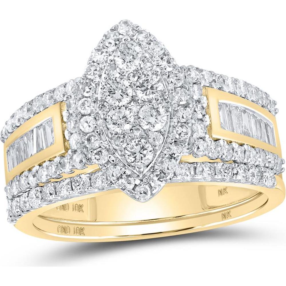 GND 10K Yellow Gold Marquise and Baguette Diamond Bridal Wedding Ring Set - 1.25 Carat Total Diamond Weight