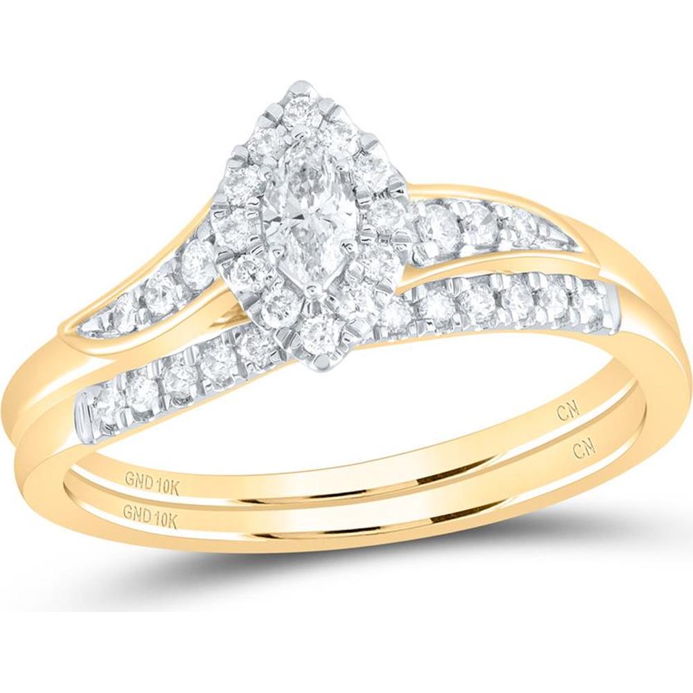 GND 10K Yellow Gold Marquise and Round Diamond Bridal Wedding Ring Set - 1/3 Total Carat Weight