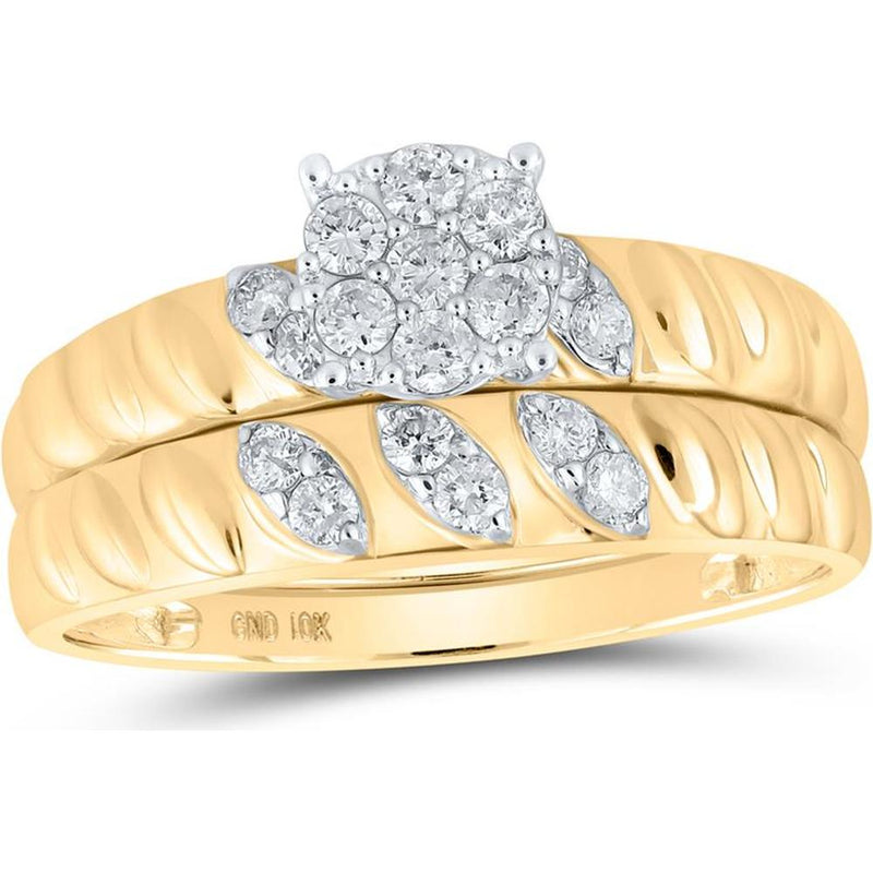 GND 10K Yellow Gold Matching Wedding Ring Set with Round Diamond Cluster - 1/2 Total Carat Weight