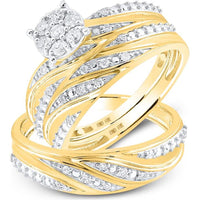 GND 10K Yellow Gold Matching Wedding Ring Set with Round Diamond Cluster - 1/3 Carat Total Diamond Weight