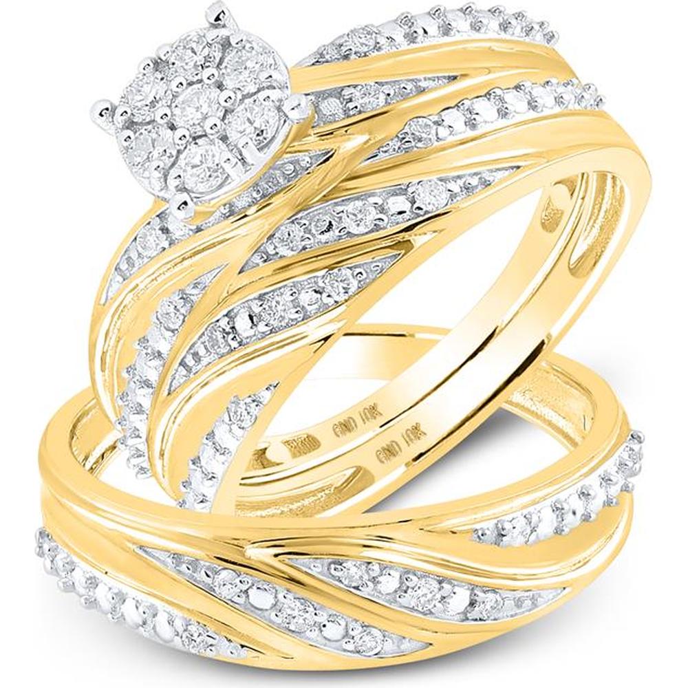 GND 10K Yellow Gold Matching Wedding Ring Set with Round Diamond Cluster - 1/3 Carat Total Diamond Weight
