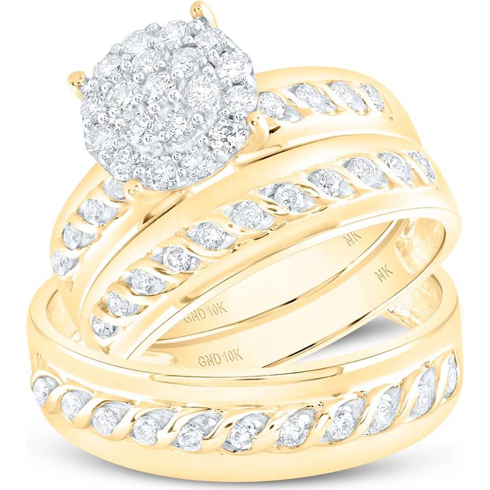GND 10K Yellow Gold Matching Wedding Ring Set with Round Prong-Set Diamond Cluster and Channel-Set Diamonds - 3/4 Carat Total Diamond Weight