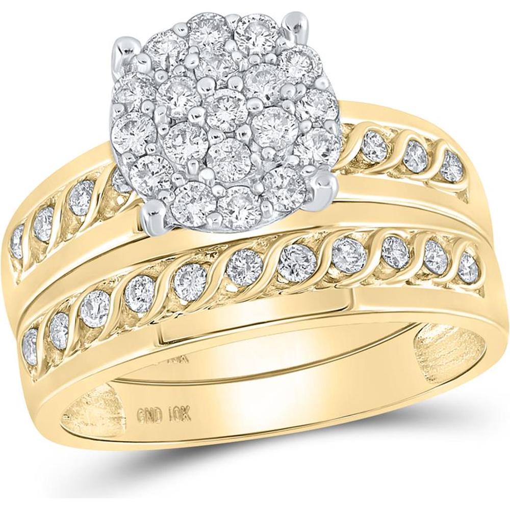 GND 10K Yellow Gold Matching Wedding Ring Set with Round Prong-Set Diamond Cluster and Channel-Set Diamonds - 3/4 Carat Total Diamond Weight
